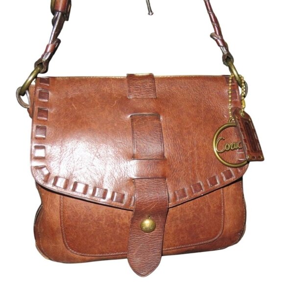 Coach Legacy Thompson Julia Brown Leather Whipstitch Messenger Bag & brass charm